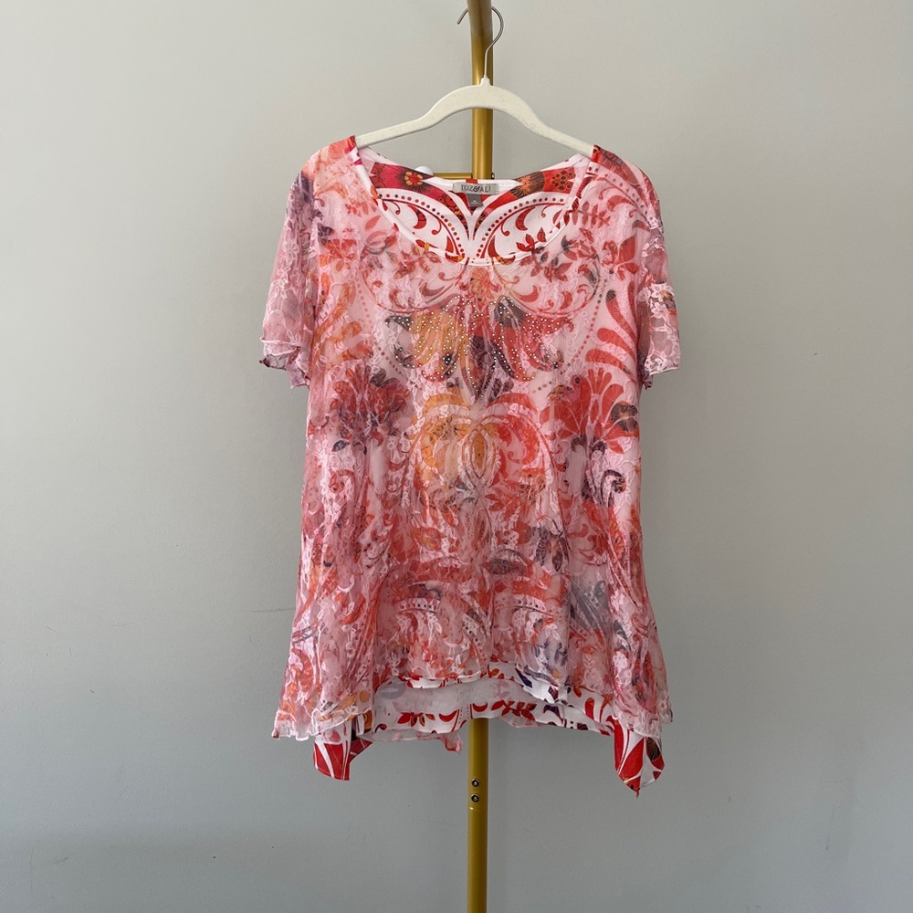 Roz & Ali Pink Orange Lace Sequin Floral Tunic Blouse Short Sleeve Fairy Top